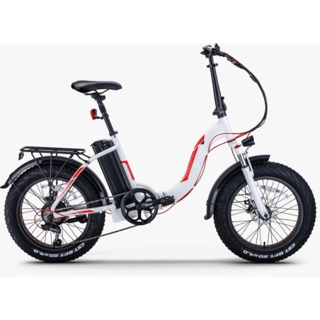 vélo électrique FatBike Troy E-fold, à pneus larges pression. Coloris blanc & orange